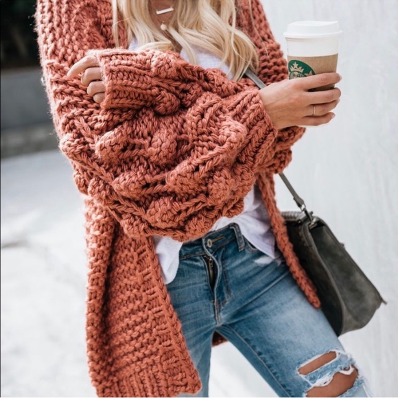 Wishlist Sweaters - NWOT Chunky Knit Hand made Cardigan in brick/ Rust color size M/L